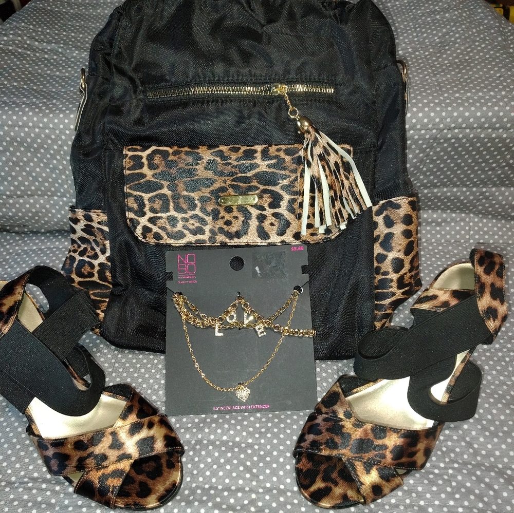 Predictions Brown and Black Heels with Bold Animal Print & Matching Backpack